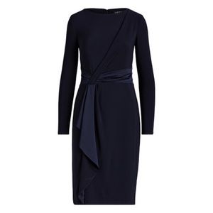 Navy Satin Trim Long Sleeve Dress
